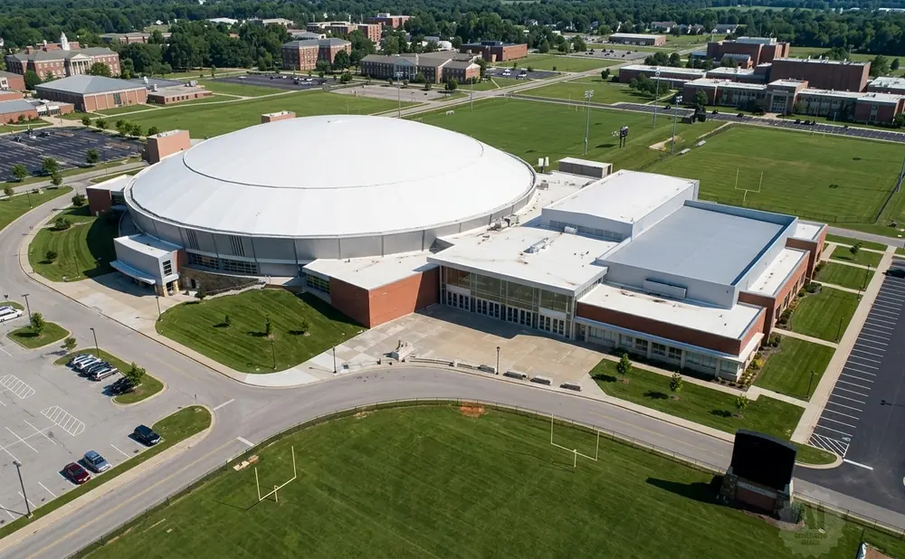 Aerial view of a large domed building and adjacent complex with parking lots and sports fields.