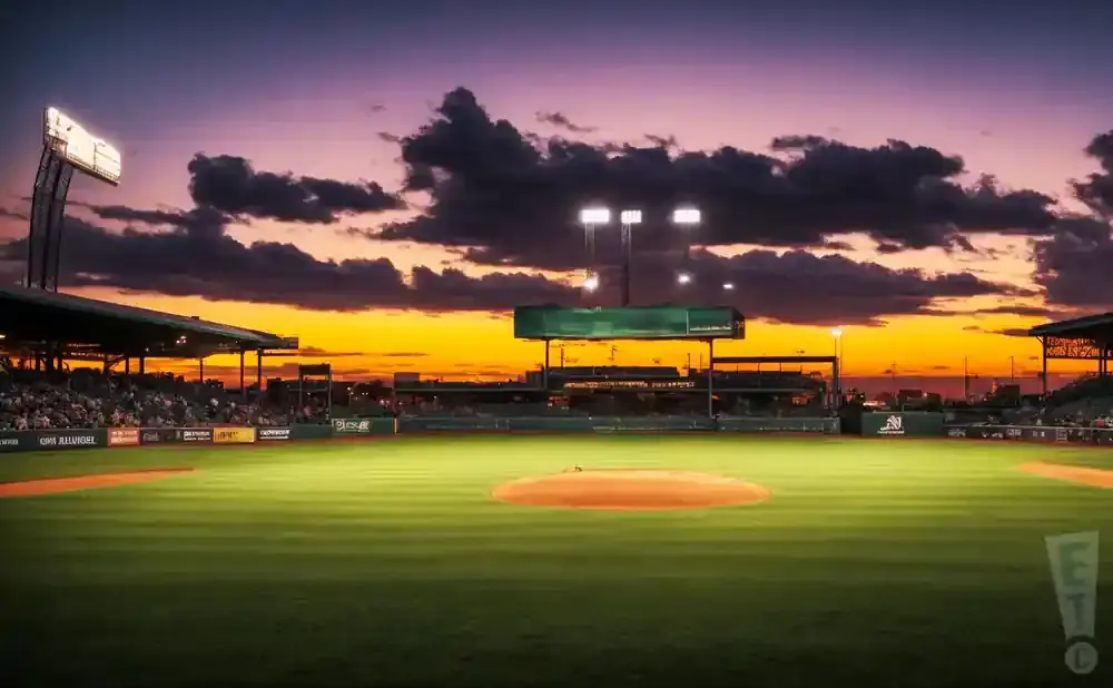 A baseball field at sunset, with bright lights illuminating the grass and a colorful sky above.
