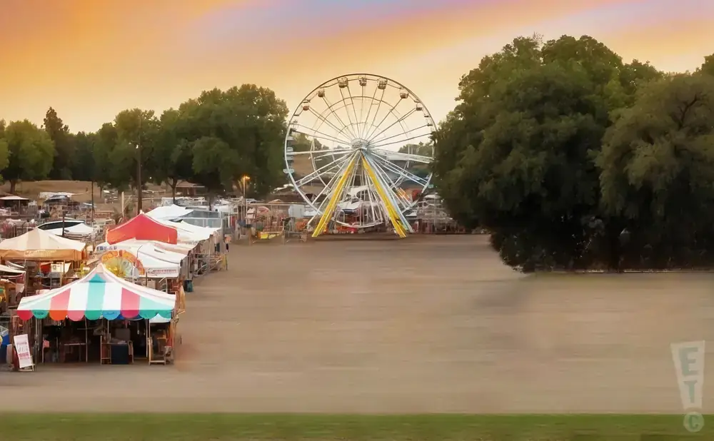 Ferris wheel and carnival tents at sunset.