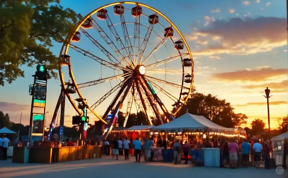 Ferris wheel at a fairground at sunset with people and tents below.