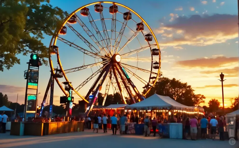 Ferris wheel at an amusement park at sunset with people gathered below.
