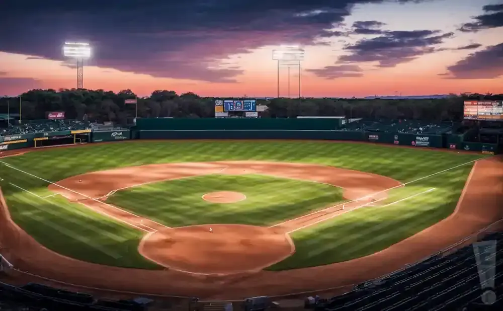 A baseball field at sunset with lights on and a colorful sky.