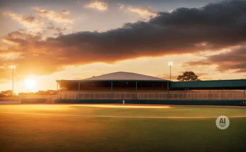 Baseball field at sunset with stadium lights and dramatic clouds.