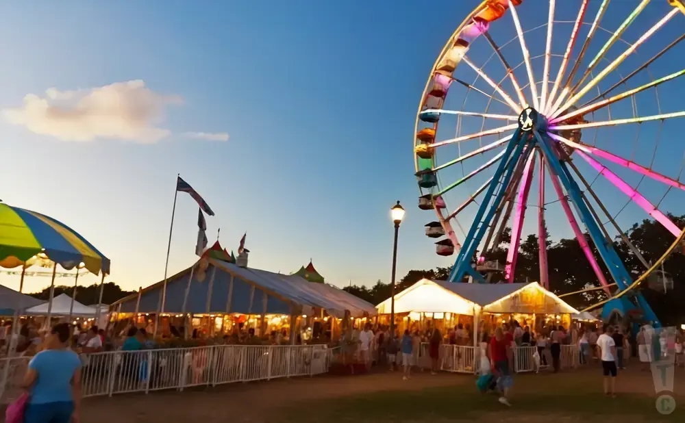 A Ferris wheel illuminates a carnival at dusk, with tents and crowds of people below.