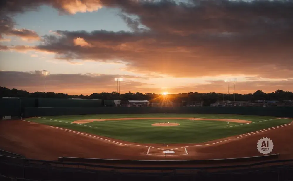 Sunset over a baseball field, with bright lights and dramatic clouds.