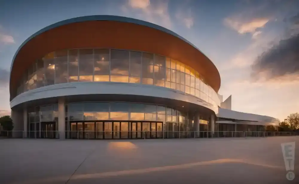 A modern, curved building with large glass windows reflecting the sunset sky.