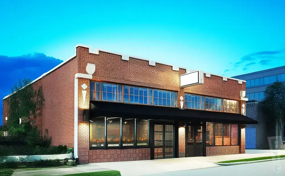 Brick building with large windows and a black awning, under a bright blue sky.