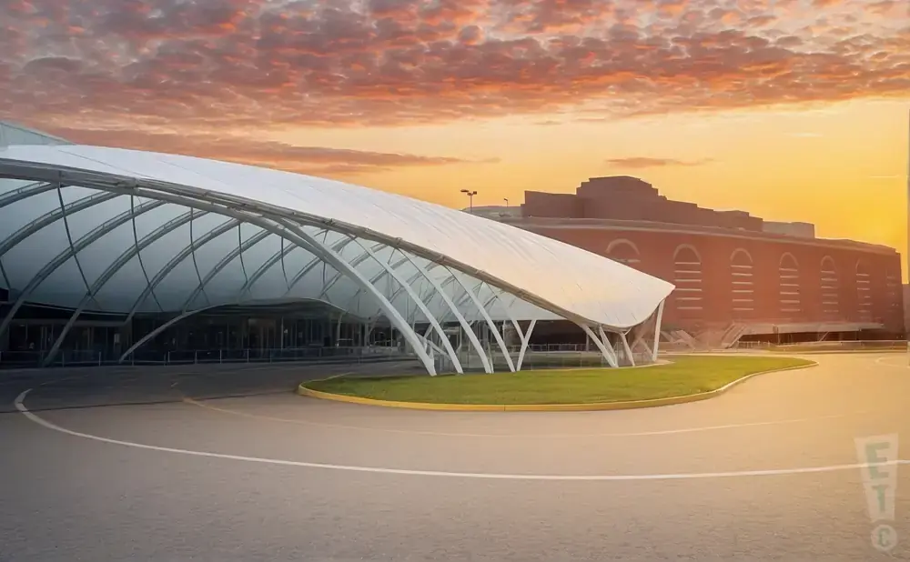 Modern building entrance with a white arched canopy at sunset, with a red brick building in the background.