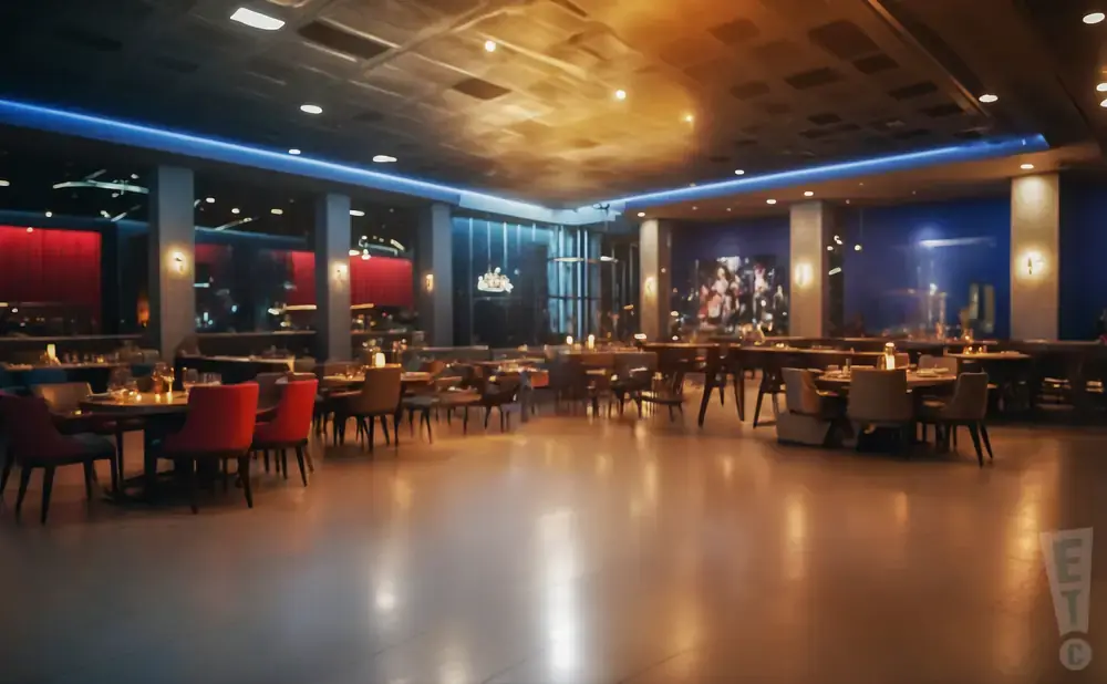 An empty, modern restaurant with tables, chairs, and ambient lighting.