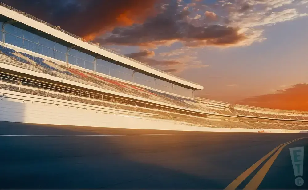 A race track in front of stadium seating under a colorful sunset sky.