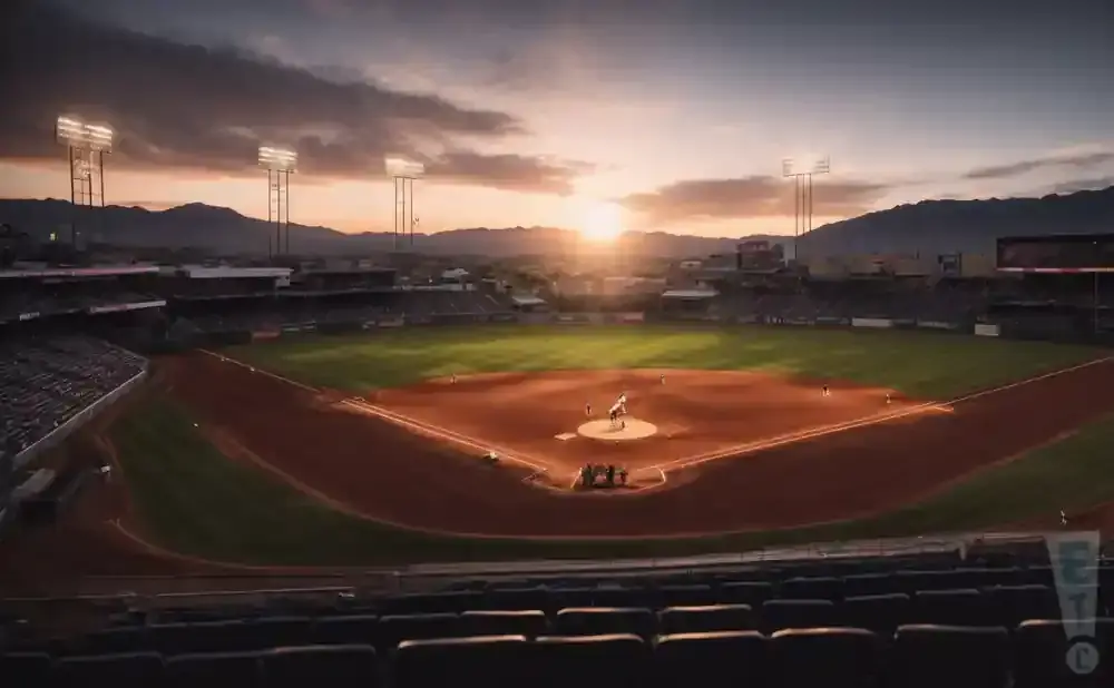 A baseball stadium at sunset with mountains in the background.