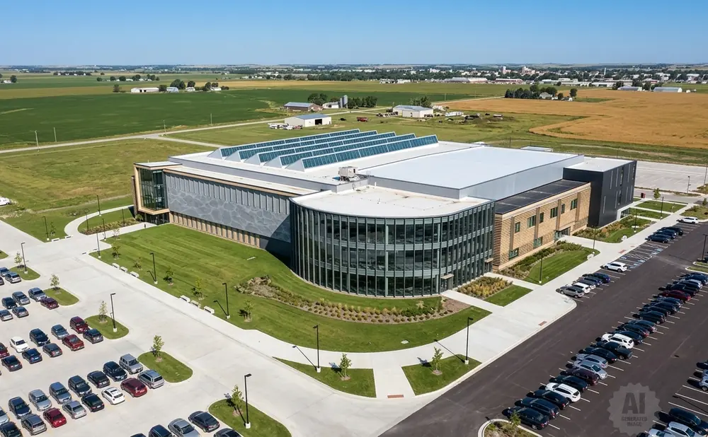 Aerial view of a modern building with a curved glass facade and a large parking lot filled with cars.