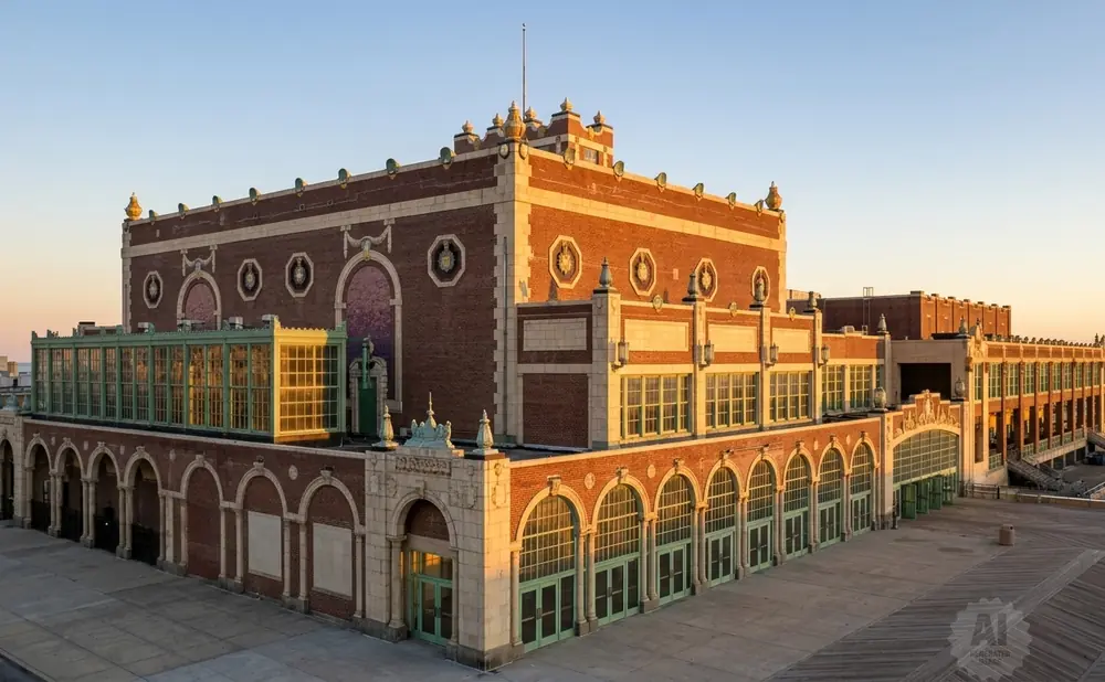 A grand, historic brick building with arched windows and ornate details on a boardwalk by the ocean.