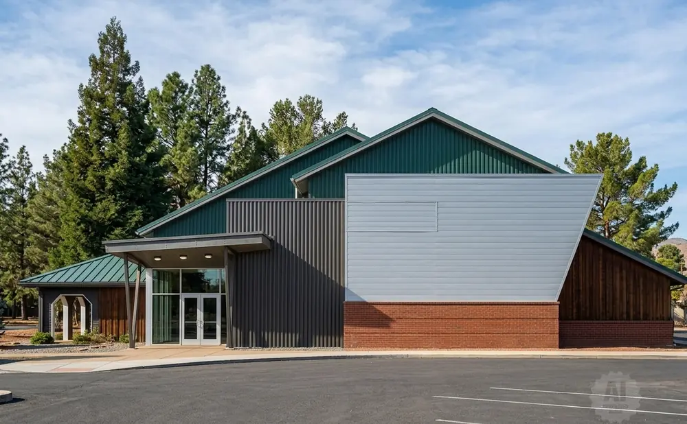 Modern building with green and silver siding, brick base, and large windows, surrounded by trees.