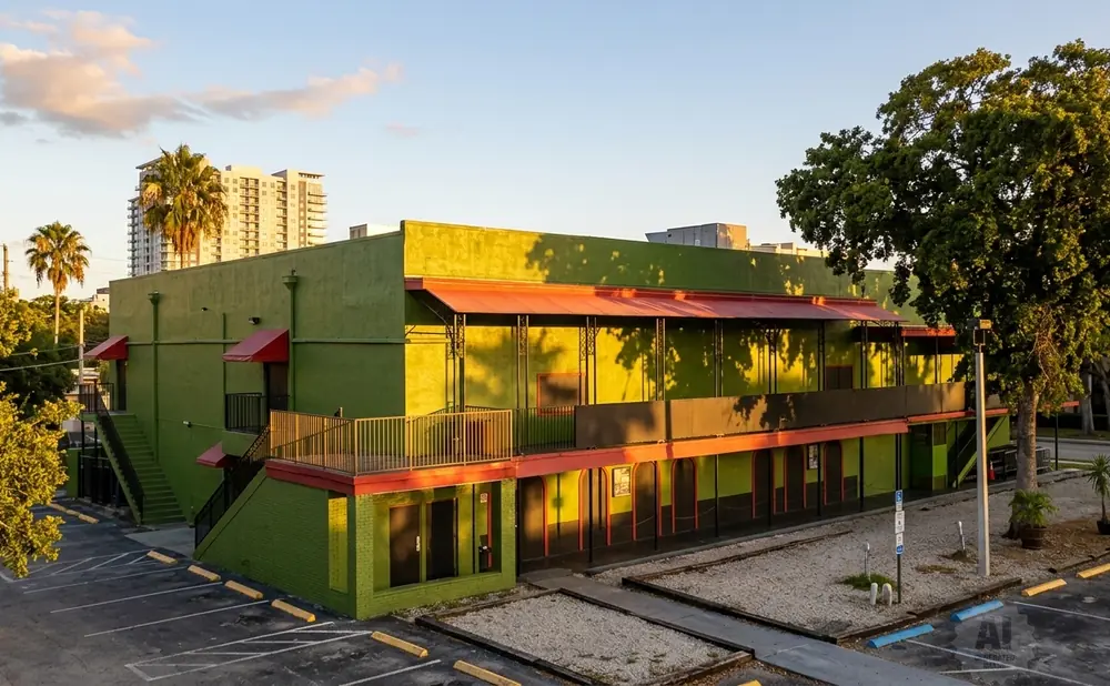 Bright green building with red awnings and balconies, parked cars, and trees.