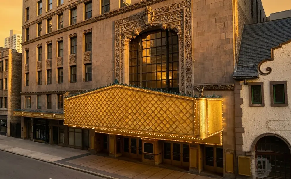 Ornate golden marquee on an historic theater building at sunset.