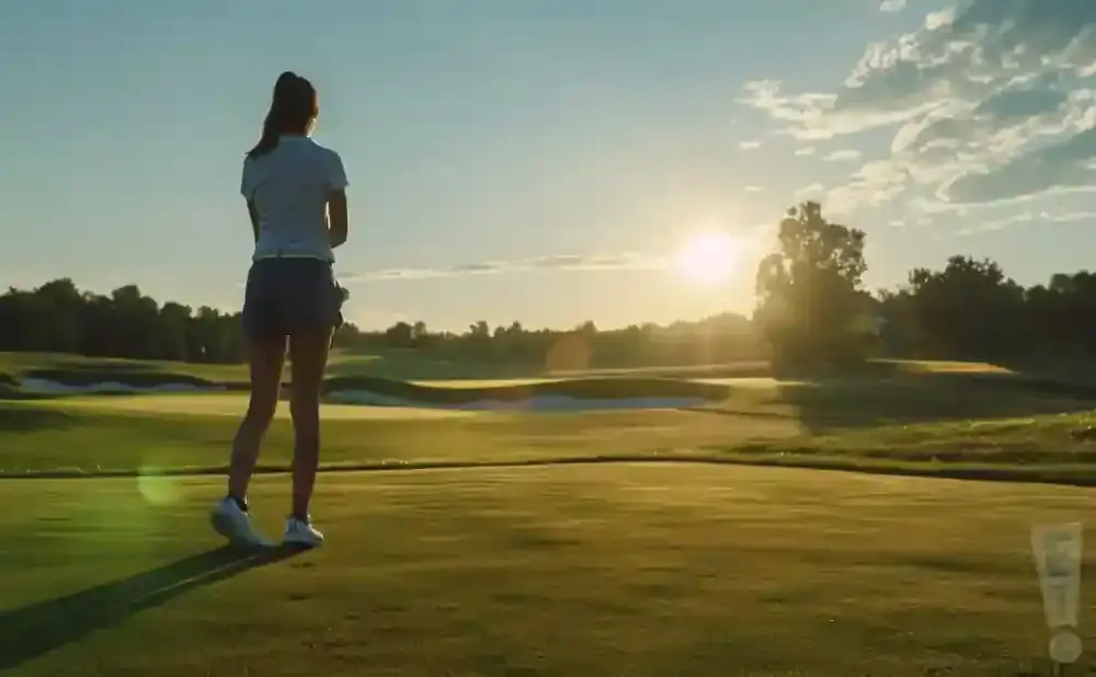 Golfer on a tee box at sunset, with a sun flare over the golf course.