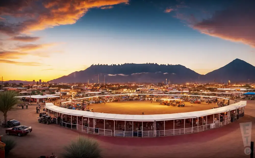 Rodeo arena at sunset with mountains in the background.