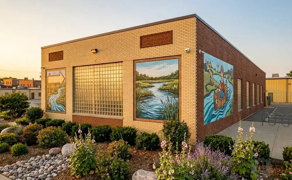 Building with murals of a river, a person in a canoe, and a scenic landscape.