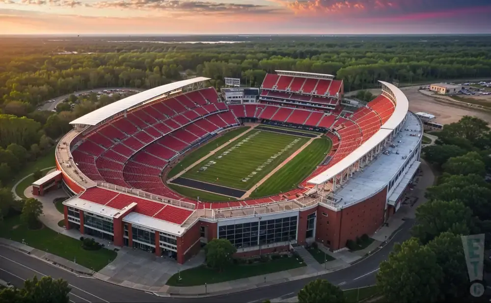 Aerial view of a red-seated football stadium surrounded by trees at sunset.