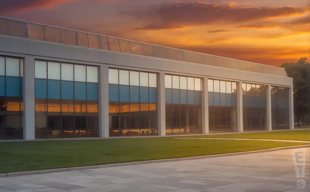 Modern building with large windows reflecting a colorful sunset over a lawn.