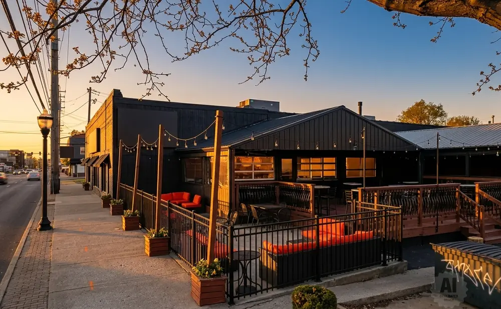 Outdoor seating area with orange couches and tables, next to a black building and a street at sunset.