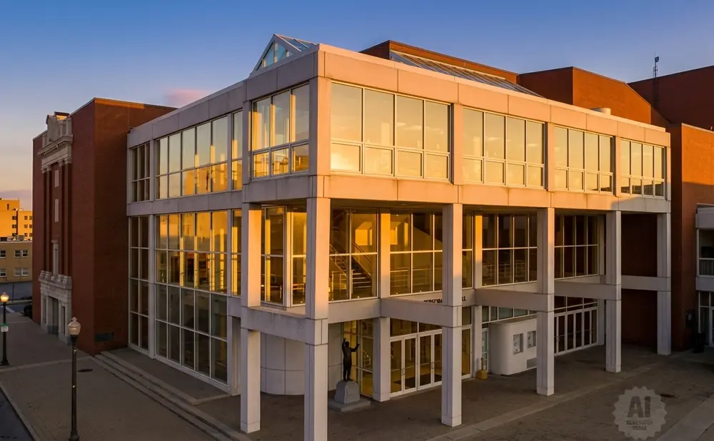 A modern building with large glass windows reflecting the sunset, juxtaposed with an older brick structure.
