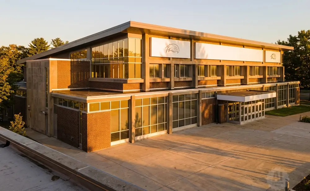 Modern brick and glass building with a prominent eagle logo, bathed in warm sunset light.