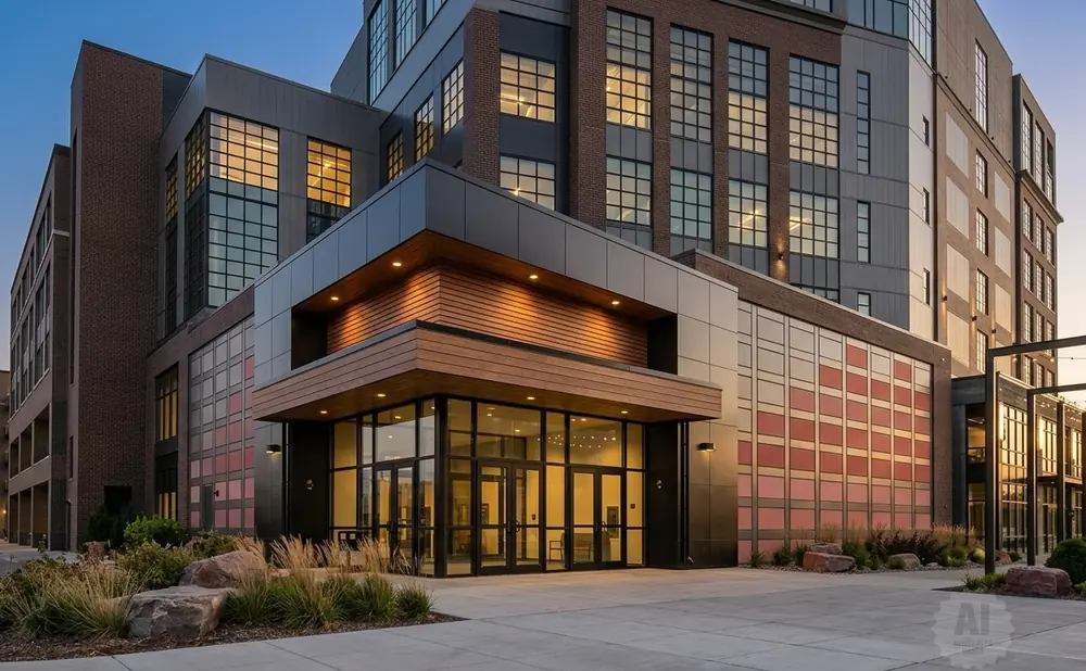 Modern apartment building entrance with large glass doors and windows, accented with wood and brick.