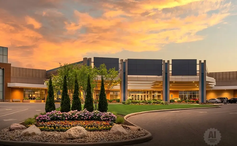 A modern building entrance with a colorful flower bed and dramatic sunset sky.