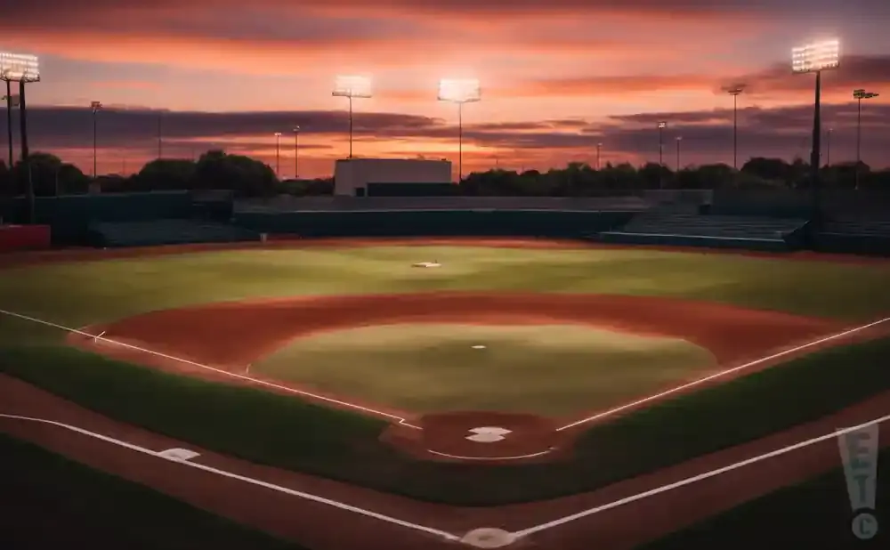 A baseball field at sunset with stadium lights on, under a colorful sky.
