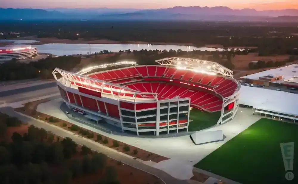 Aerial view of a large, red-seated stadium at dusk, with distant mountains and a lake.