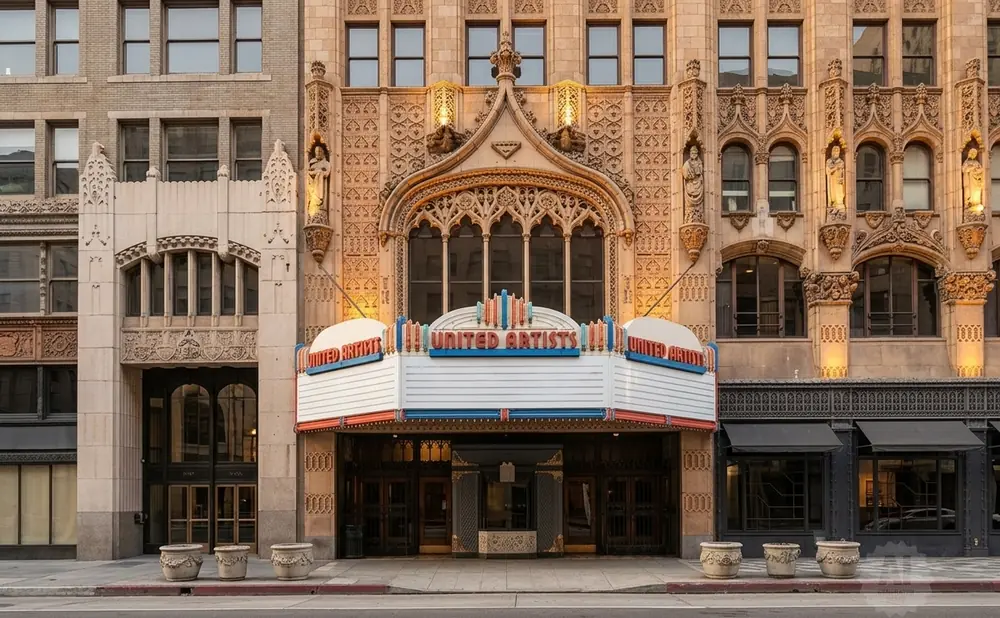 Marquee of the United Artists theater in Los Angeles, featuring ornate architecture and planters.