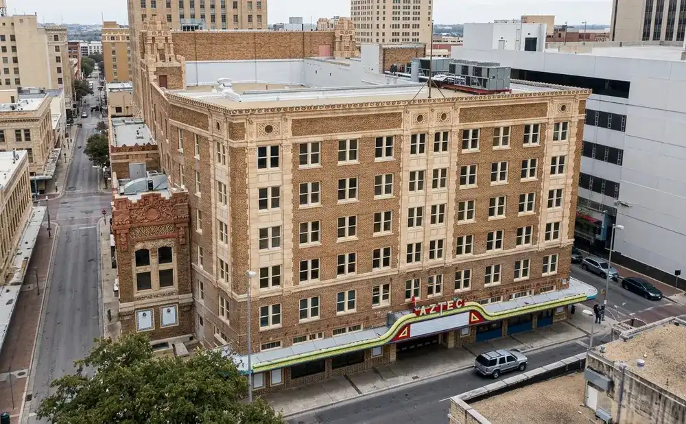 Aerial view of the Aztec Theater in downtown San Antonio, Texas.