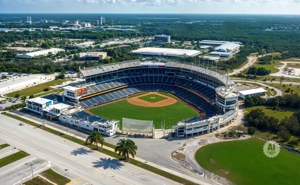 Aerial view of a baseball stadium with a green field, surrounded by buildings and trees.
