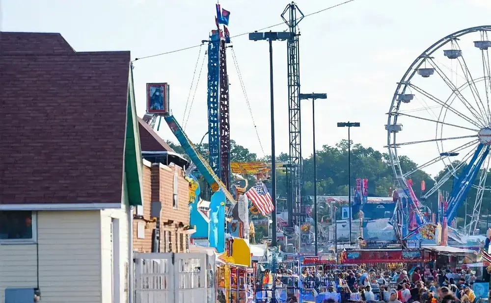 Ferris wheel and amusement park rides at a fair with crowds of people.