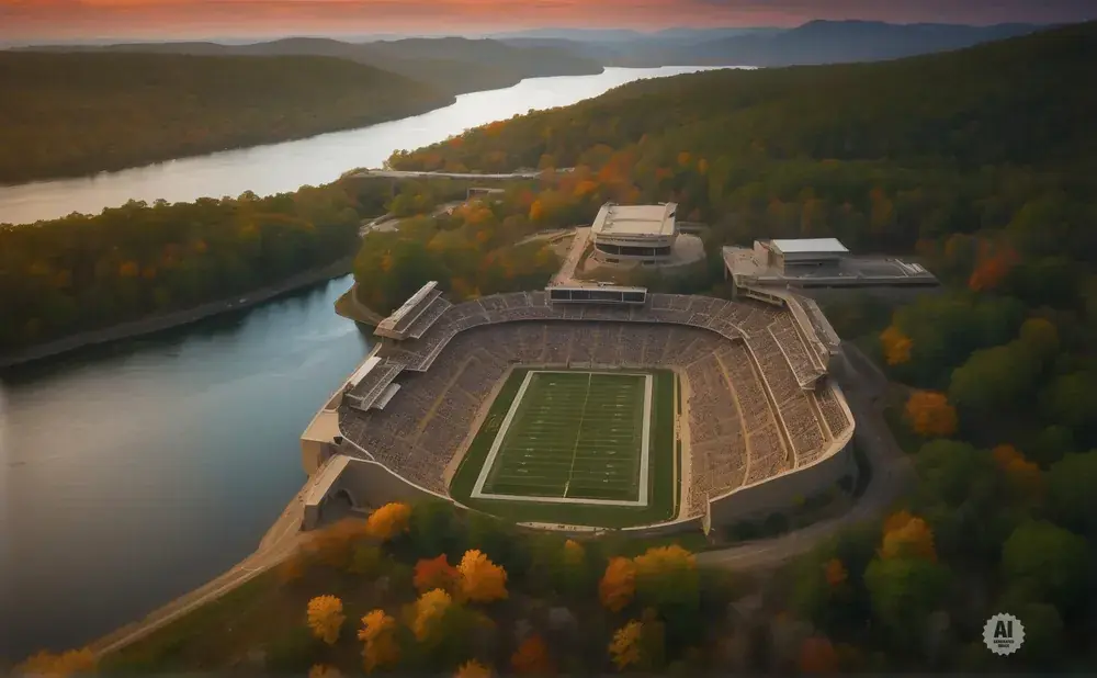 Aerial view of a football stadium beside a river, surrounded by autumn foliage and rolling hills.