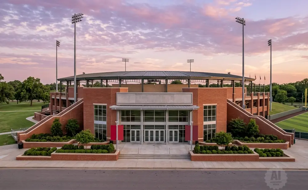 Baseball stadium entrance with tiered brick landscaping and a sunset sky.