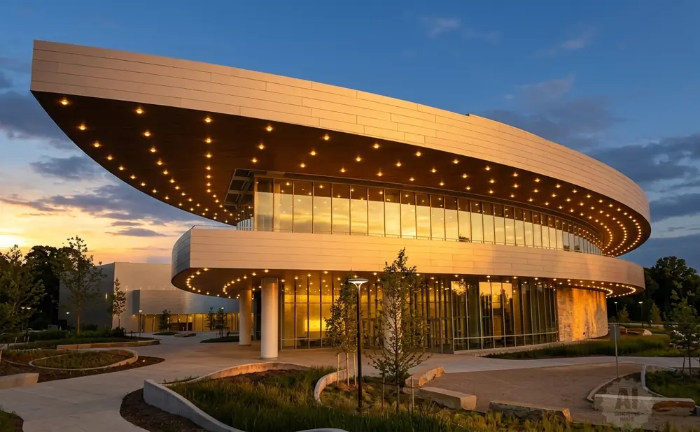Modern curved building with glass windows and exterior lights at sunset.