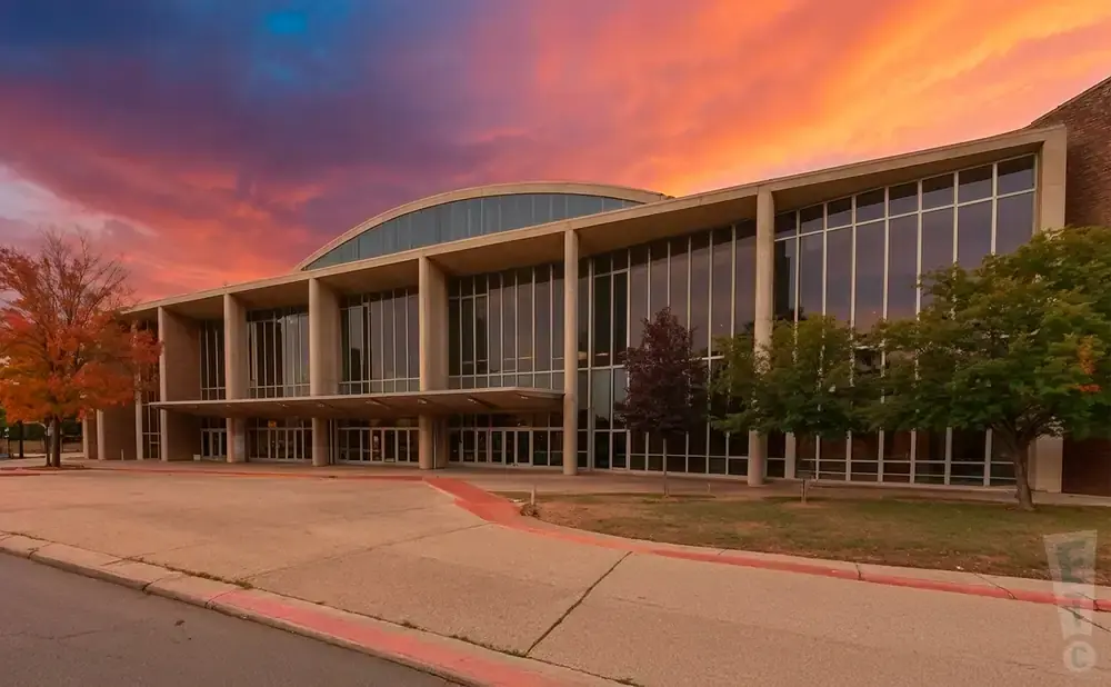 A modern building with large windows and a curved roof is seen at sunset.
