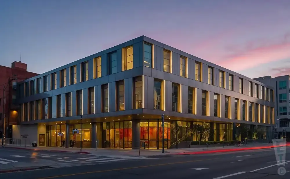 Modern multi-story building with large windows at dusk.
