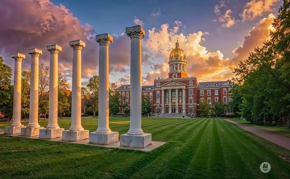 Sunset over columns and a historic building on a college campus.