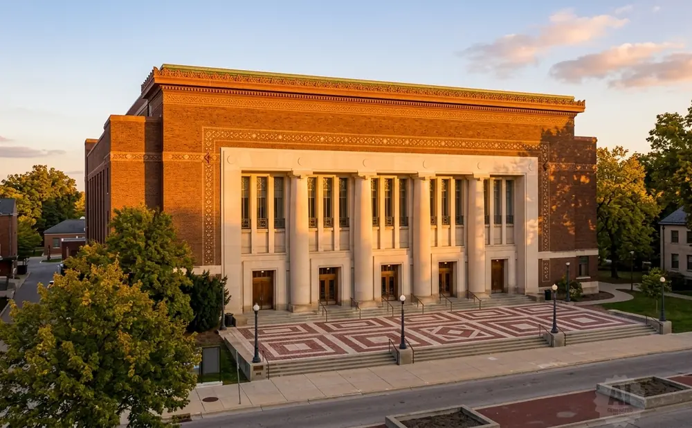 An imposing brick building with neoclassical columns and a patterned plaza in front.