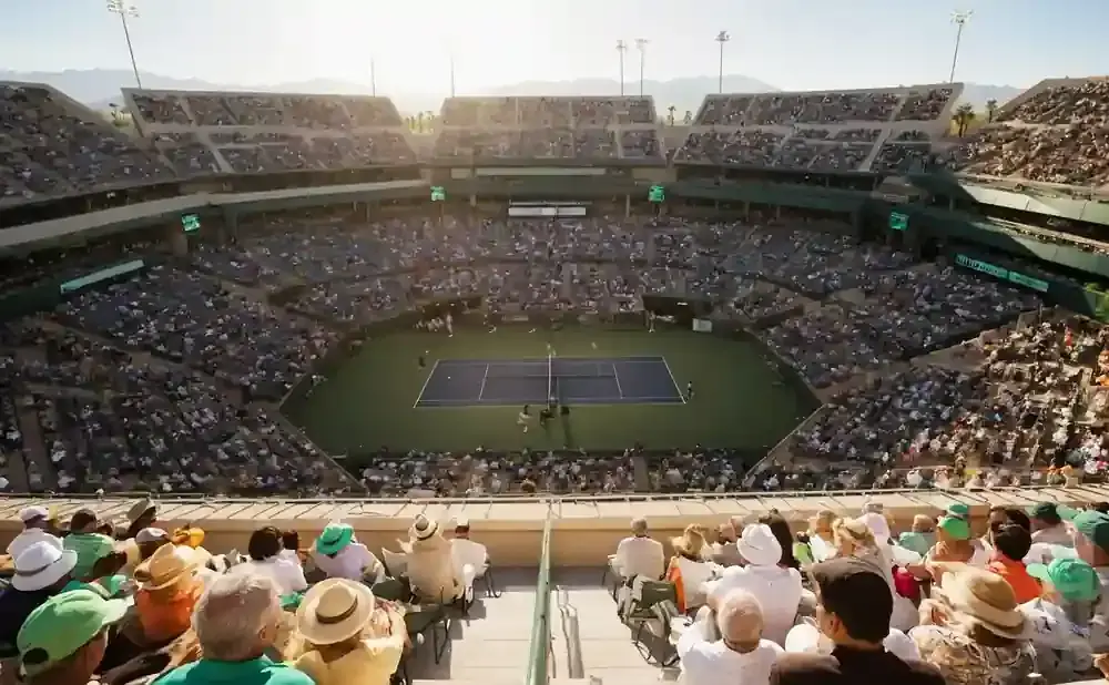 An aerial view of a tennis match in a packed stadium, with spectators in the foreground.