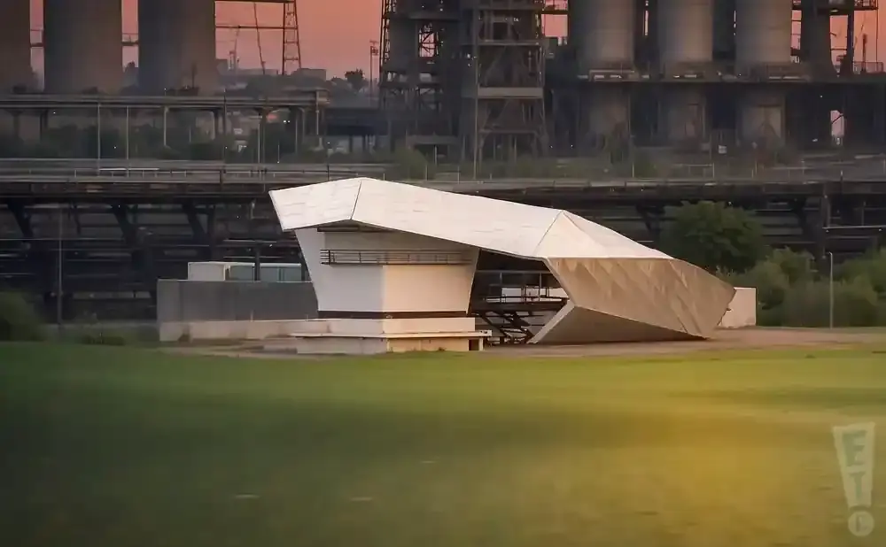 Modern white structure with angular roof in front of industrial buildings.