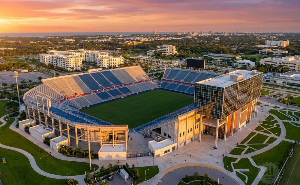 Aerial view of a stadium at sunset with a cityscape in the background.