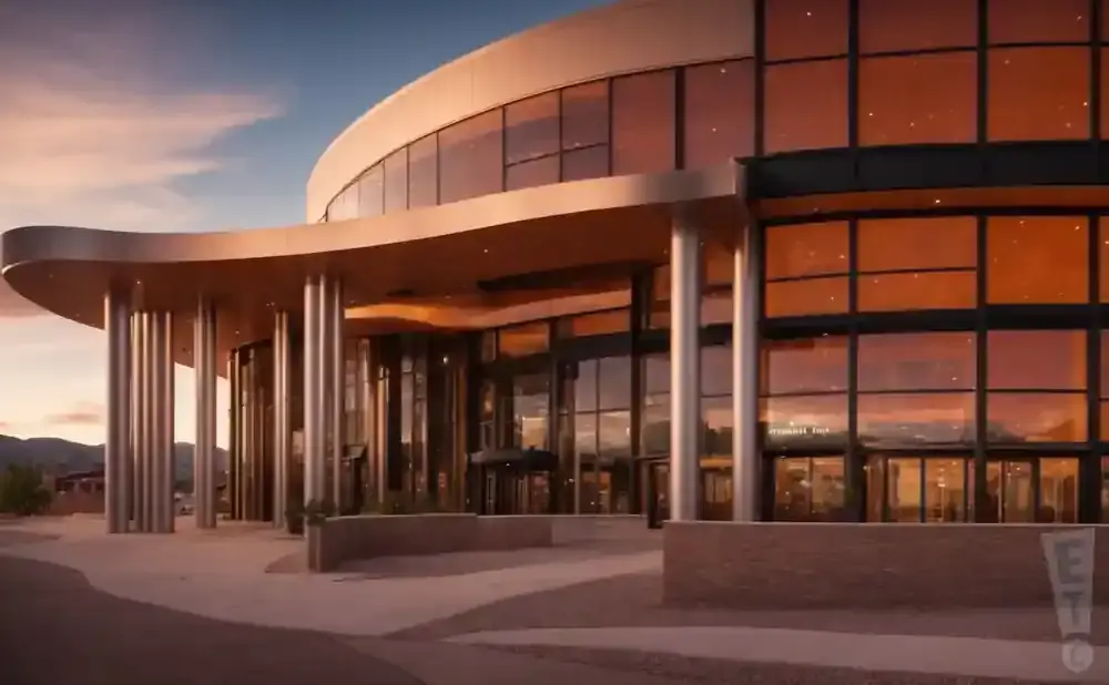 Modern building with curved roof and large windows reflecting an orange sunset.