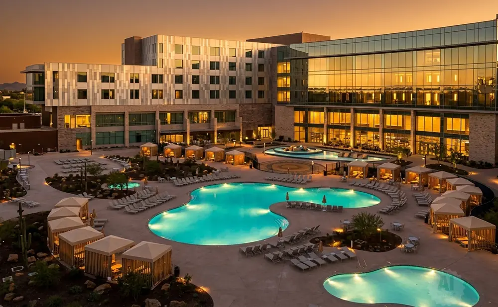 Resort with large illuminated pools and cabanas at dusk.