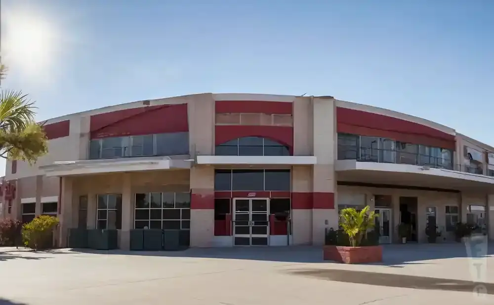 Exterior of a tan and red two-story building with large windows and a central entrance.