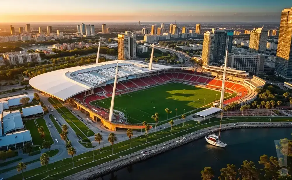 Aerial view of a stadium at sunset, with a city skyline in the background and a boat in the foreground.